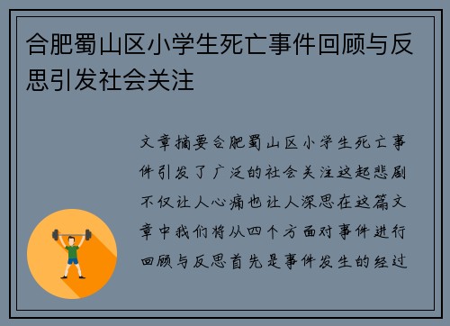 合肥蜀山区小学生死亡事件回顾与反思引发社会关注
